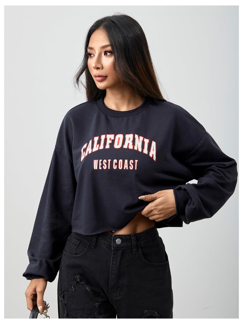 SweatyRocks Women's Casual Long Sleeve Crew Neck Letter Print Crop Top Sweatshirt Navy M - Image 3